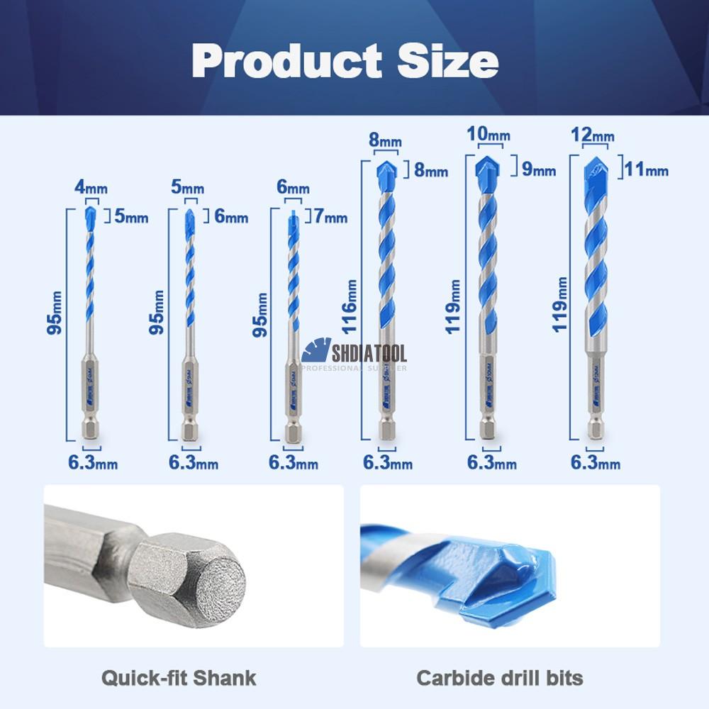 Quick-fit Shank Alloy Tungsten Carbide Spiral Drill Bit Sprial Flute Twist Drill Bit for Masonry Concrete Brick Tile